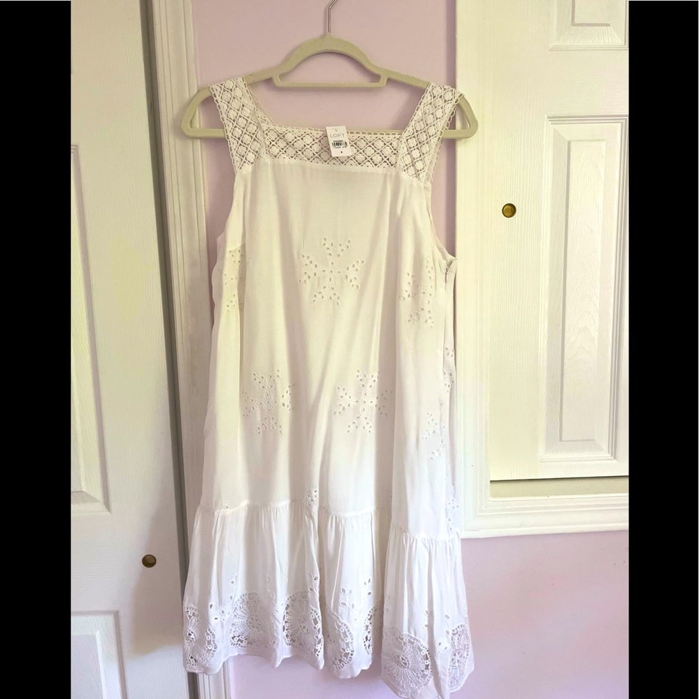 LOFT square neck white eyelet dress- size 8. NWT